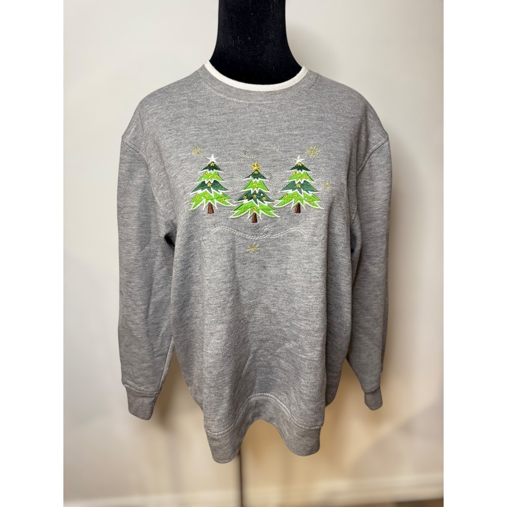 Bobbie Brooks Vintage Womens Gray Christmas Embroidered Grandma Crewneck Sweater